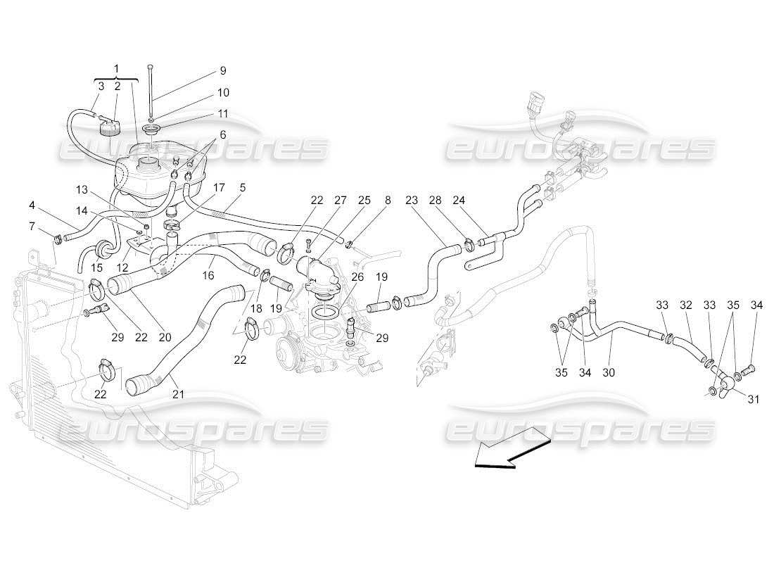 maserati qtp. (2010) 4.2 auto système de refroidissement : diagramme de pièces nourice et lignes