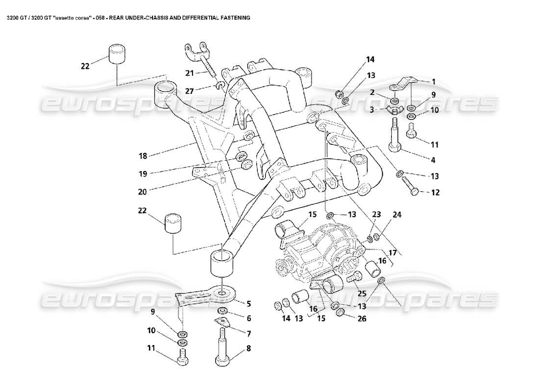 maserati 3200 gt/gta/assetto corsa schéma des pièces de fixation du dessous de châssis arrière et du différentiel