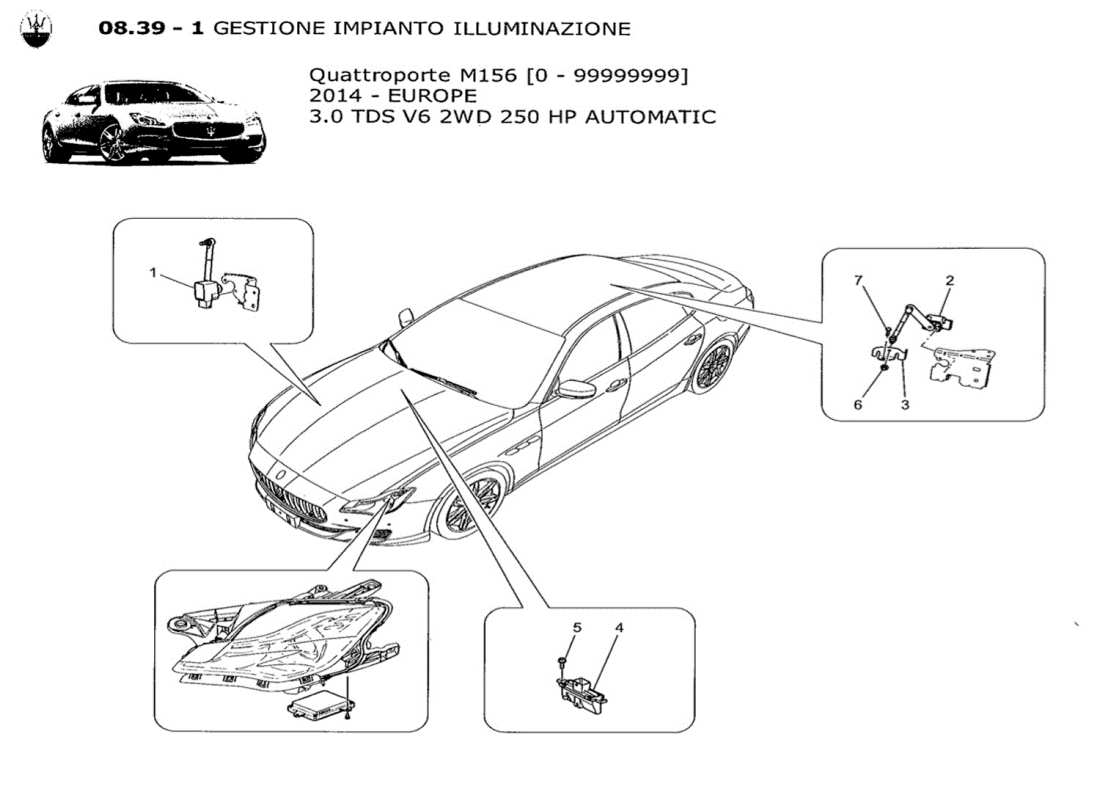 maserati qtp. v6 3.0 tds 250bhp 2014 schéma des pièces de commande du système d'éclairage