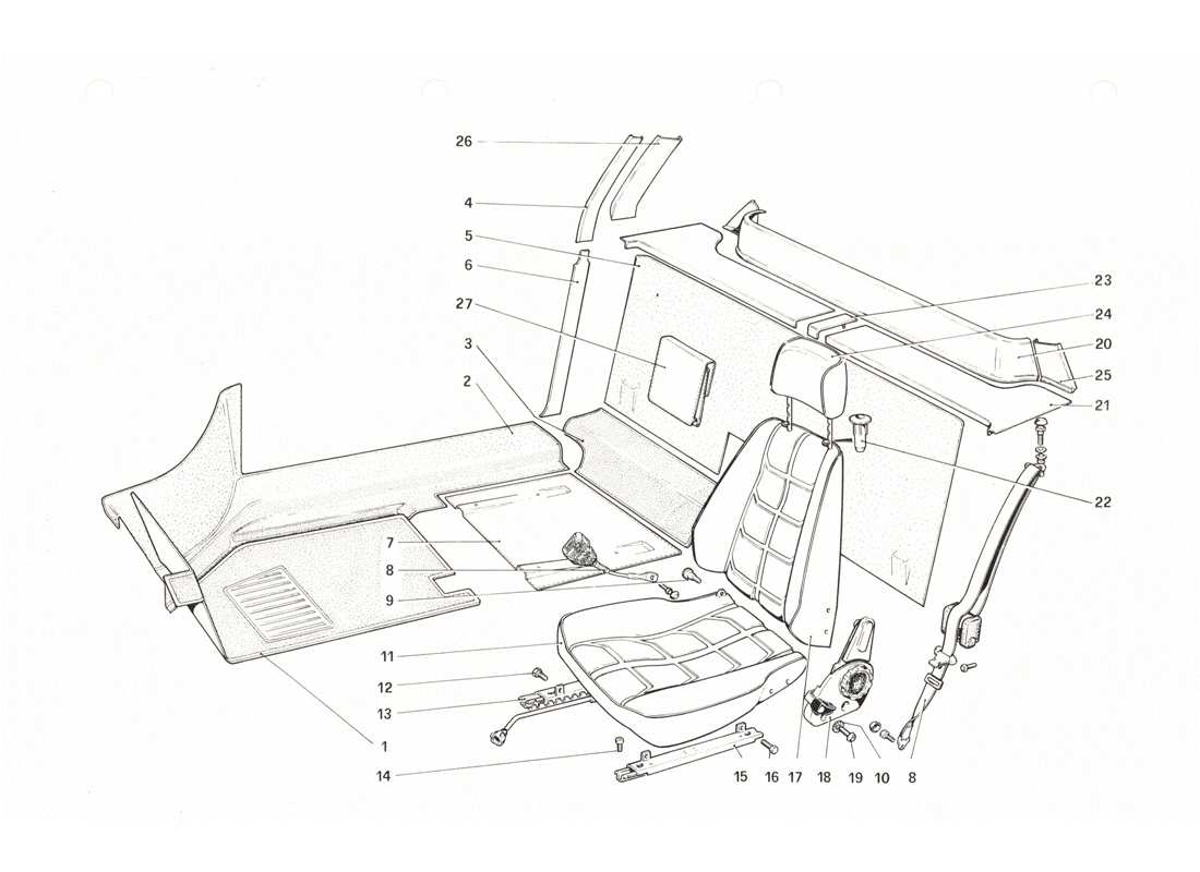 ferrari 208 gtb gts schéma des pièces des garnitures intérieures, des accessoires et des sièges