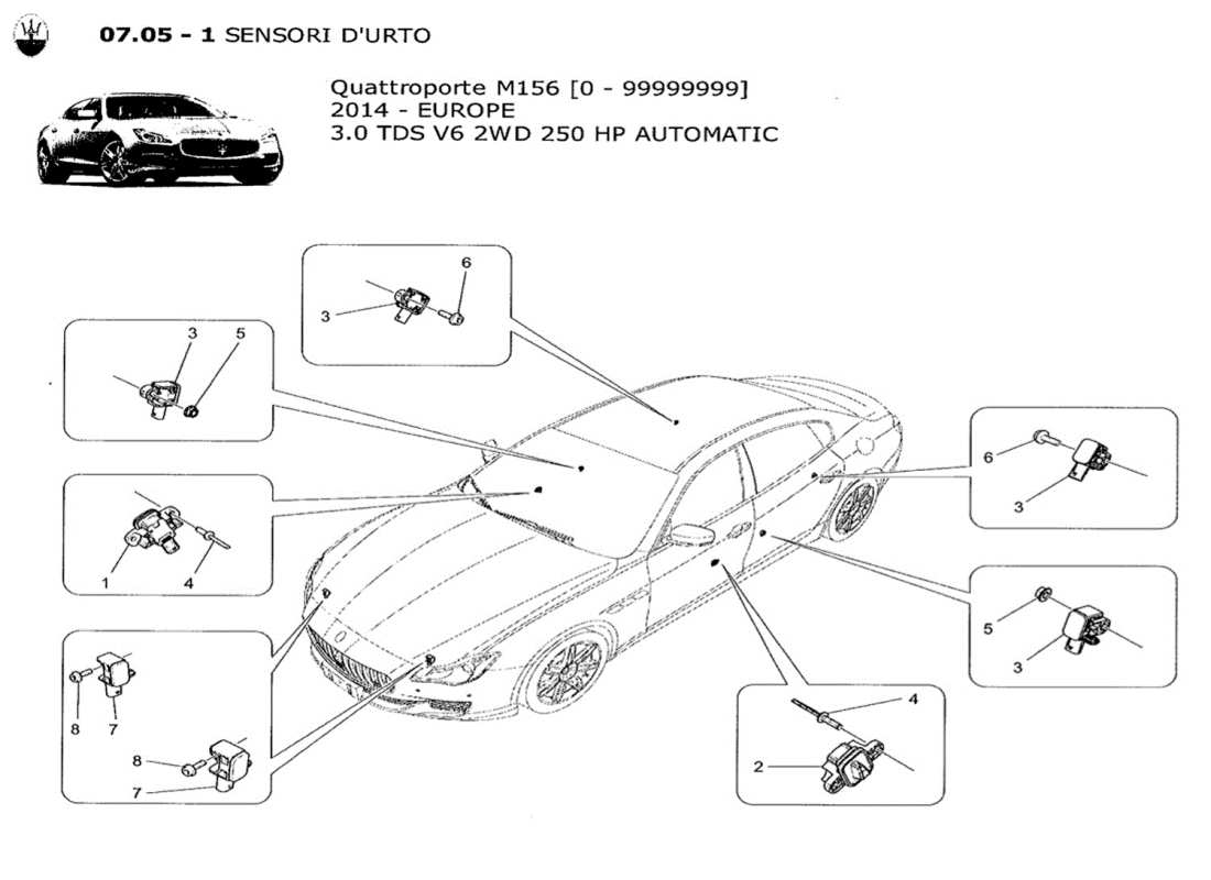 maserati qtp. v6 3.0 tds 250bhp 2014 diagramme des pièces des capteurs de collision