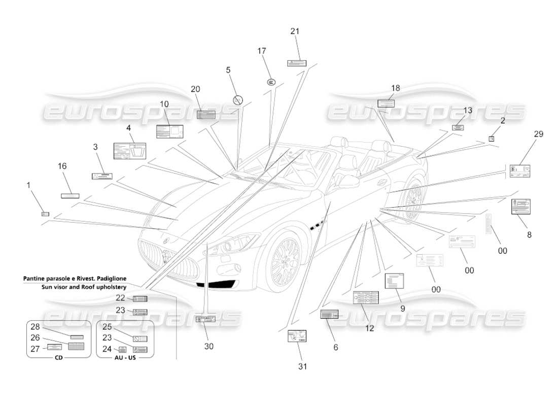 maserati grancabrio (2010) 4.7 diagramme de pièces d'autocollants et d'étiquettes