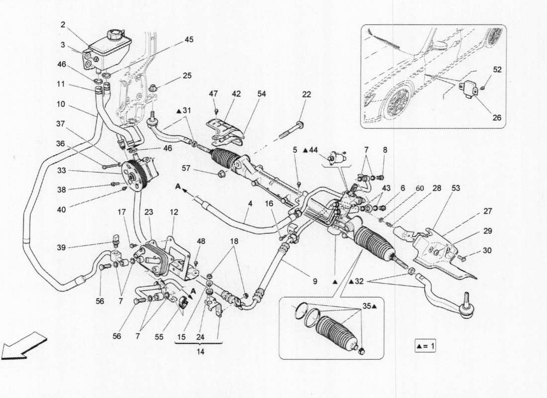 maserati qtp. v6 3.0 bt 410bhp 2015 schéma des pièces de la crémaillère de direction