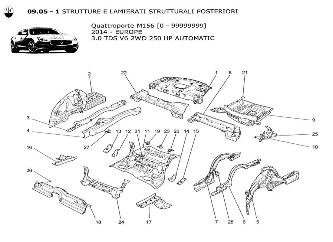 maserati qtp. v6 3.0 tds 250bhp 2014 schéma des pièces des cadres structurels arrière et des panneaux en tôle