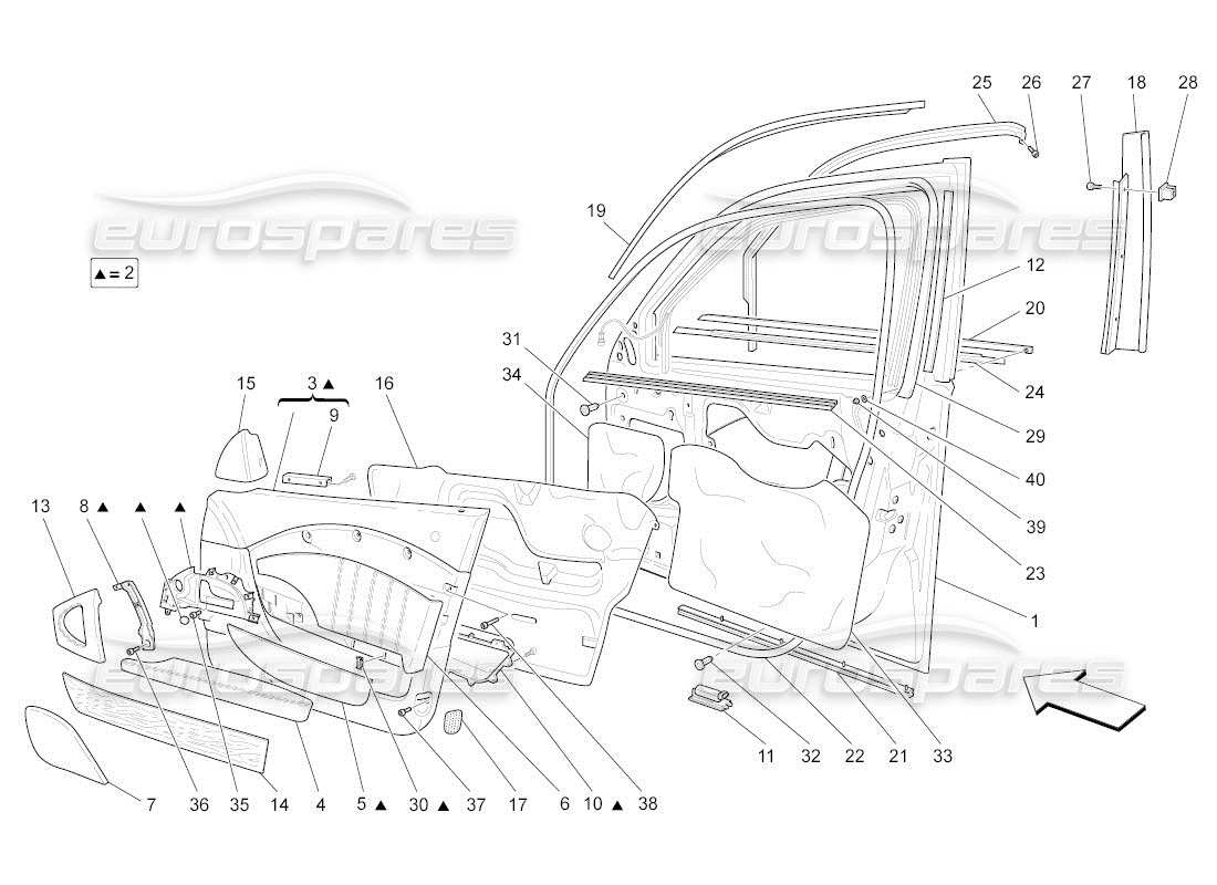 maserati qtp. (2011) 4.2 auto portes avant : diagramme de pièces des panneaux de garniture