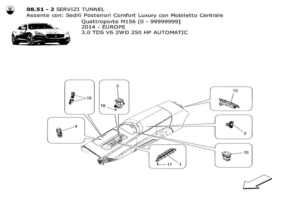 maserati qtp. v6 3.0 tds 250bhp 2014 schéma des pièces des appareils de la console centrale