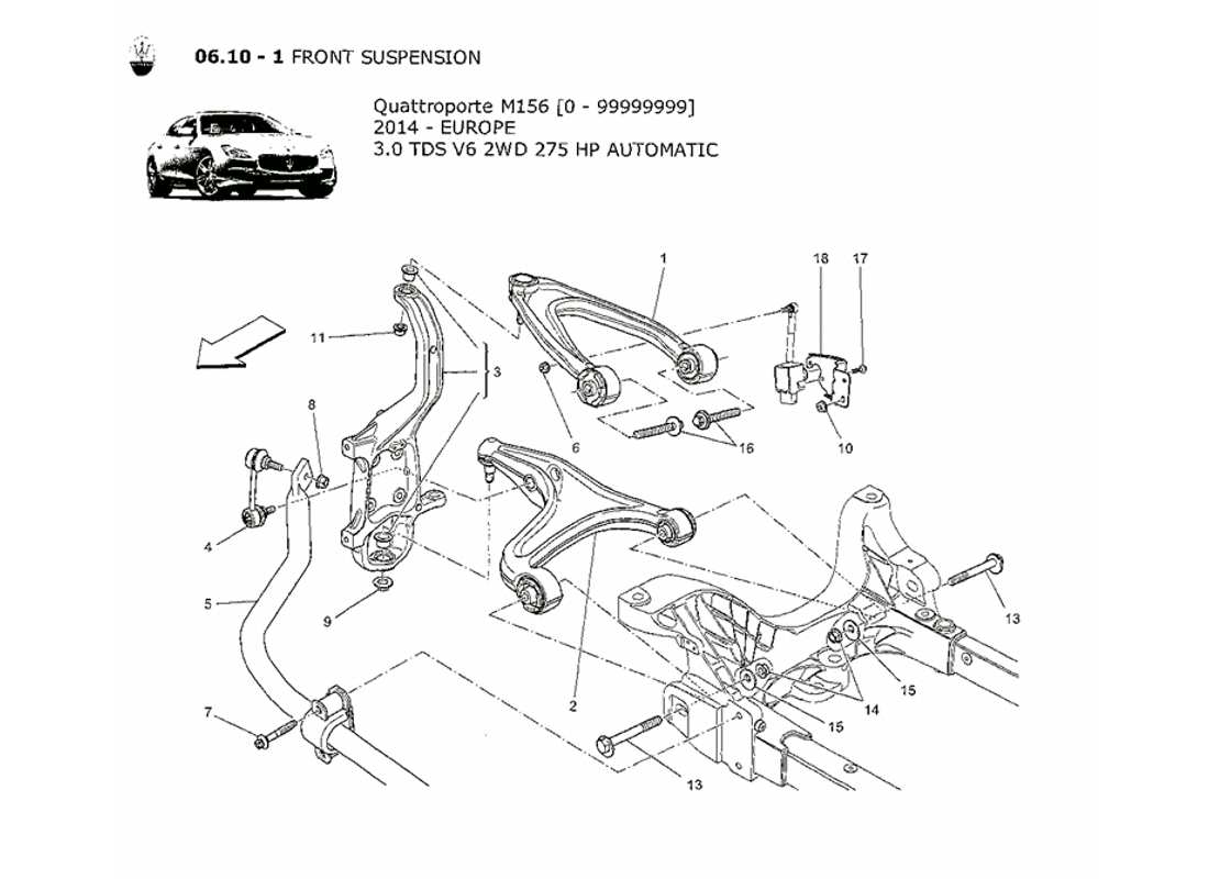 maserati qtp. v6 3.0 tds 275bhp 2014 schéma des pièces de la suspension avant