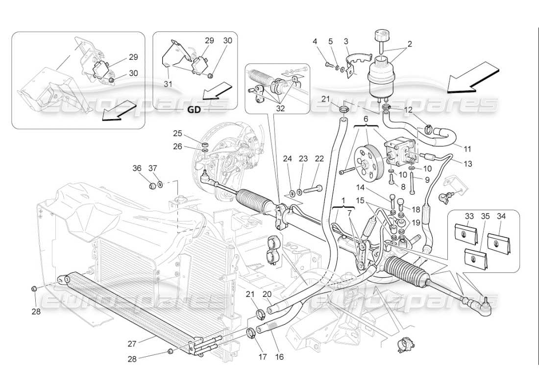 maserati qtp. (2010) 4.7 auto schéma des pièces du boîtier de direction et de la pompe de direction hydraulique