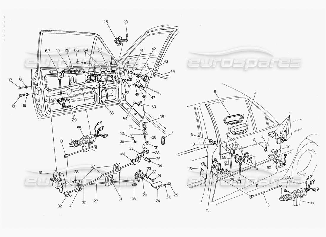 maserati 228 portes : schéma des pièces des charnières et des commandes intérieures