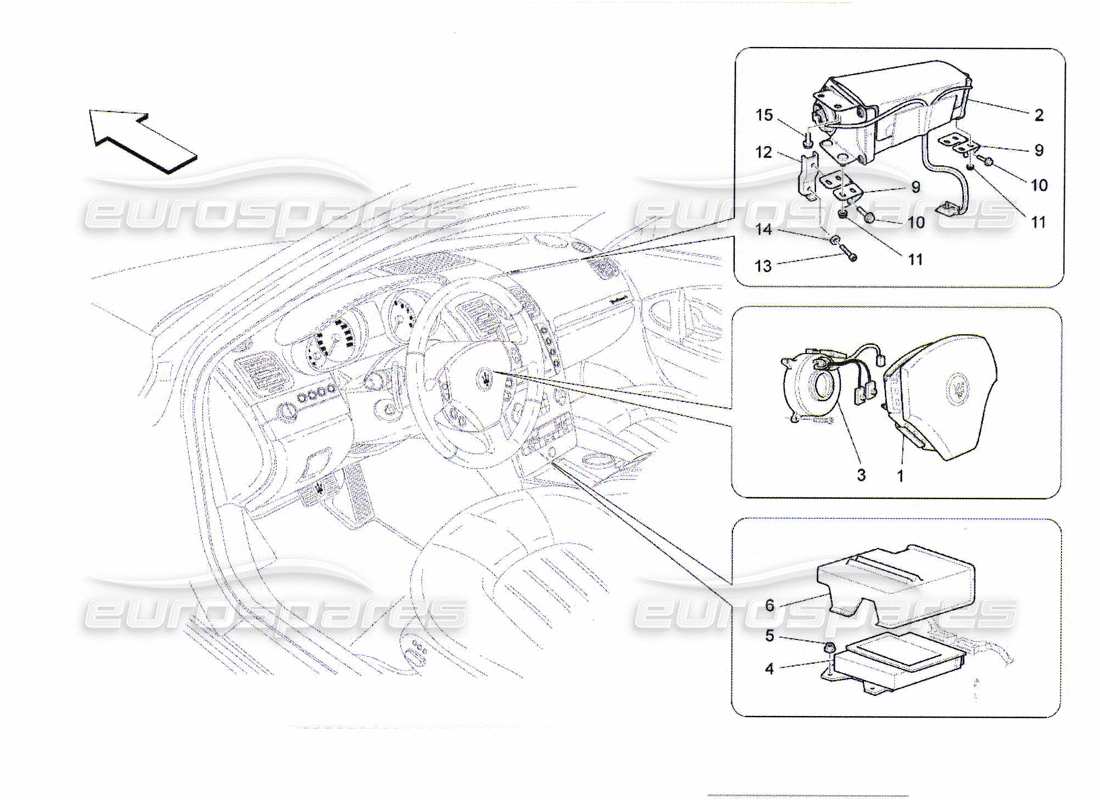 maserati qtp. (2010) 4.7 schéma des pièces du système d'airbag frontal