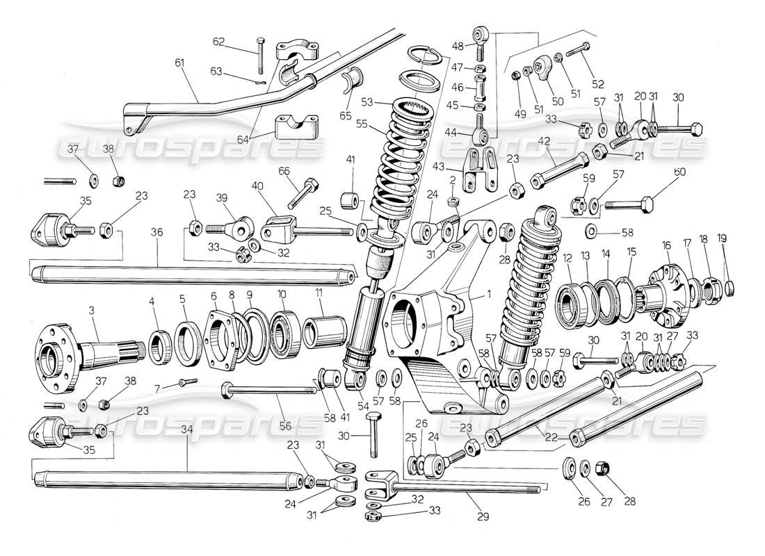 lamborghini countach 5000 qv (1985) suspension arrière (valable pour la variante qv - janvier 1987) schéma des pièces