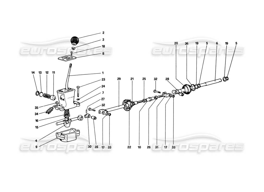 ferrari 308 gtb (1980) schéma des pièces des commandes extérieures de la boîte de vitesses