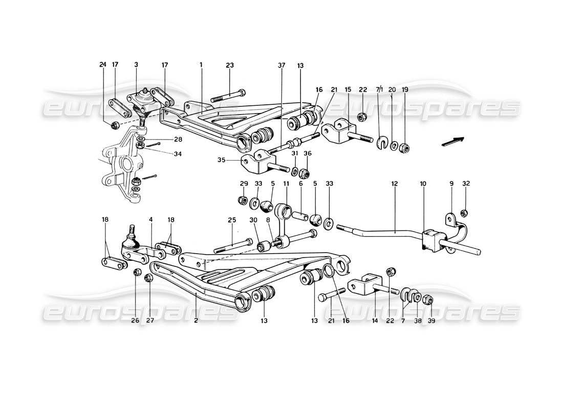ferrari 246 dino (1975) suspension avant - schéma des pièces des triangles