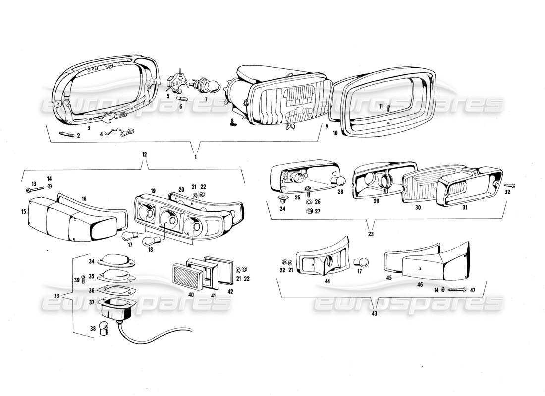 maserati qtp.v8 4.7 (s1 & s2) 1967 diagramme des pièces des lumières