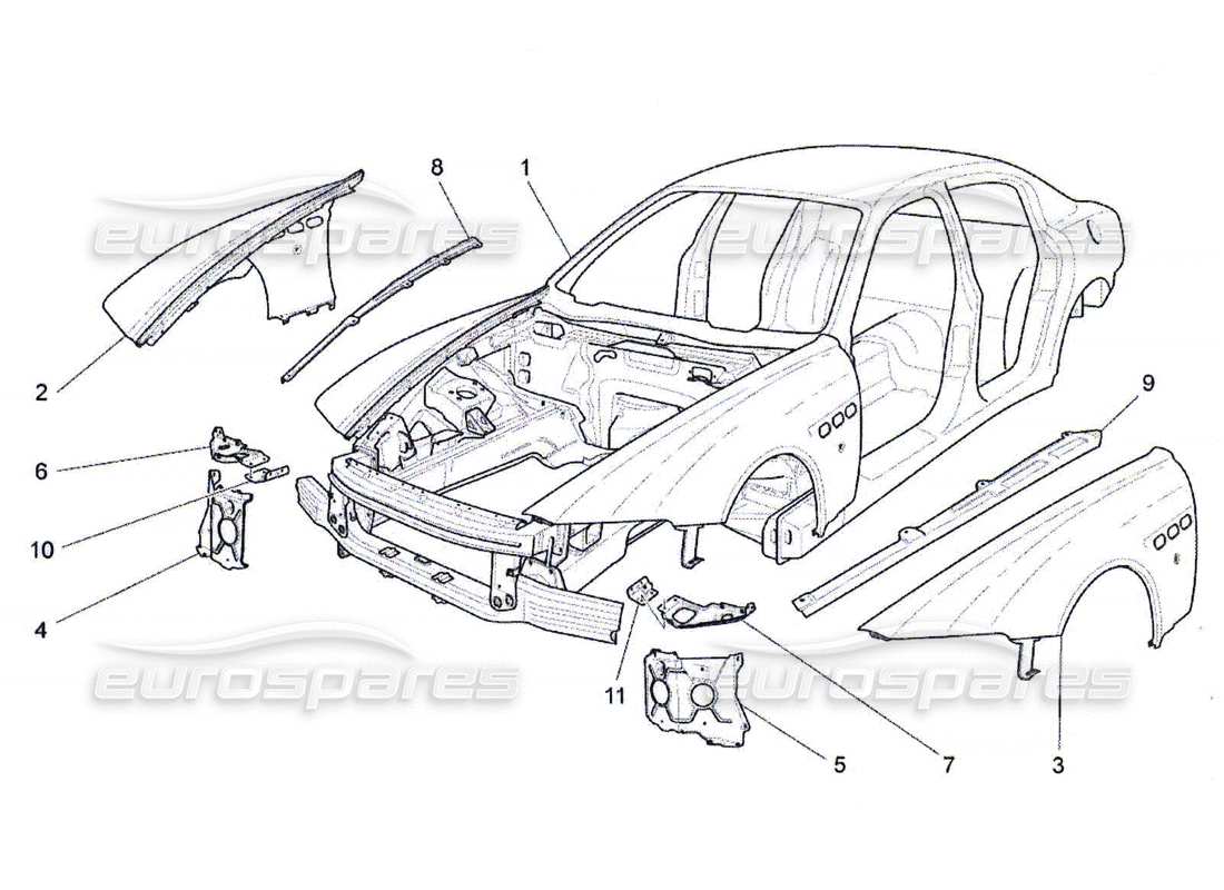 maserati qtp. (2010) 4.7 schéma des pièces de la carrosserie et des panneaux de garniture extérieurs avant