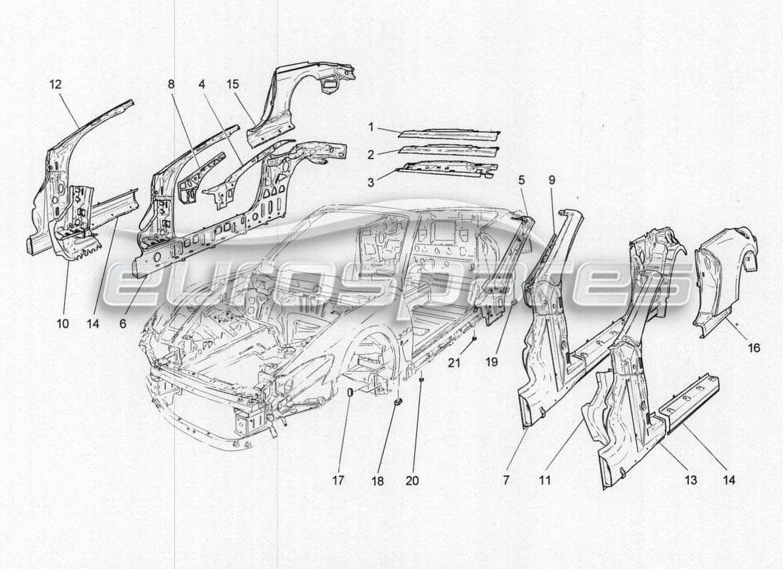 maserati grancabrio mc centenario schéma des pièces de la carrosserie et des panneaux de garniture extérieurs centraux