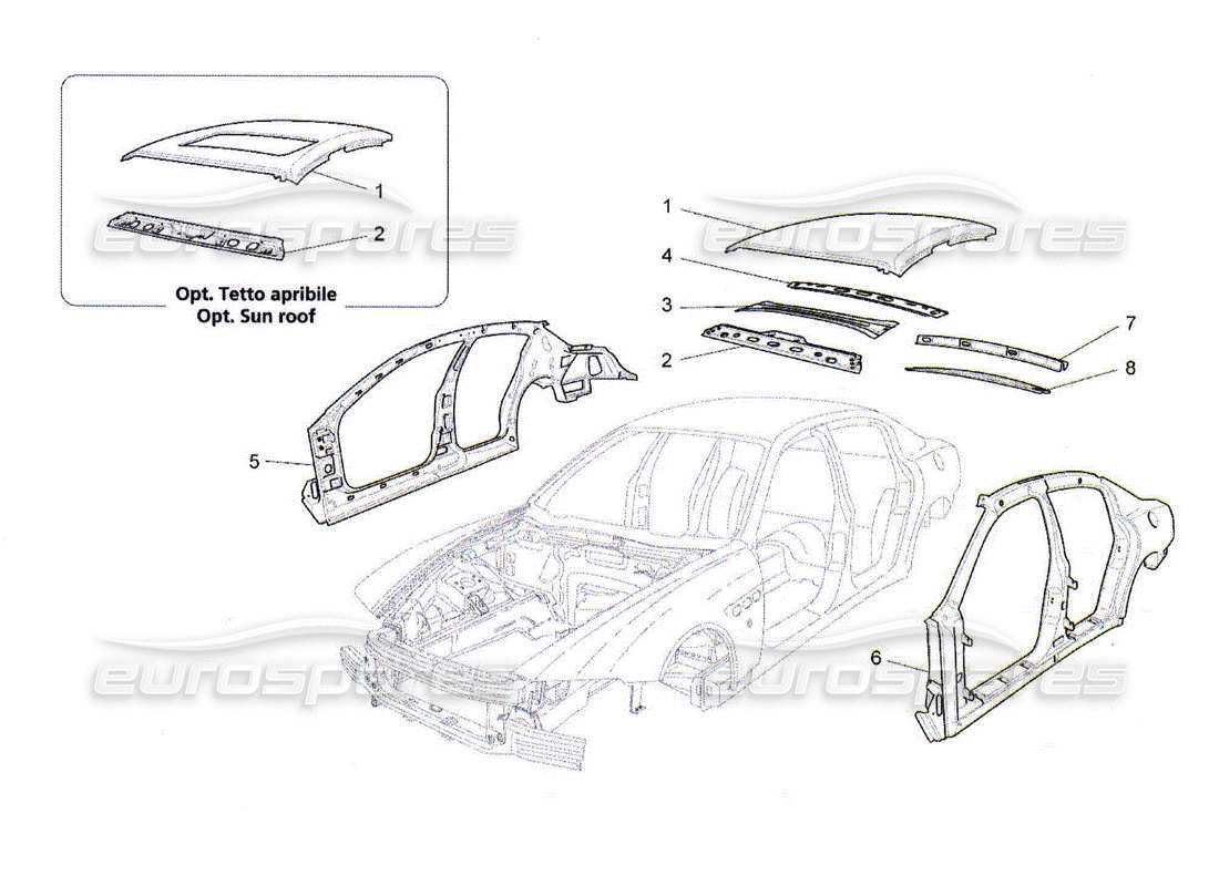 maserati qtp. (2010) 4.2 schéma des pièces de la carrosserie et des panneaux de garniture extérieurs centraux