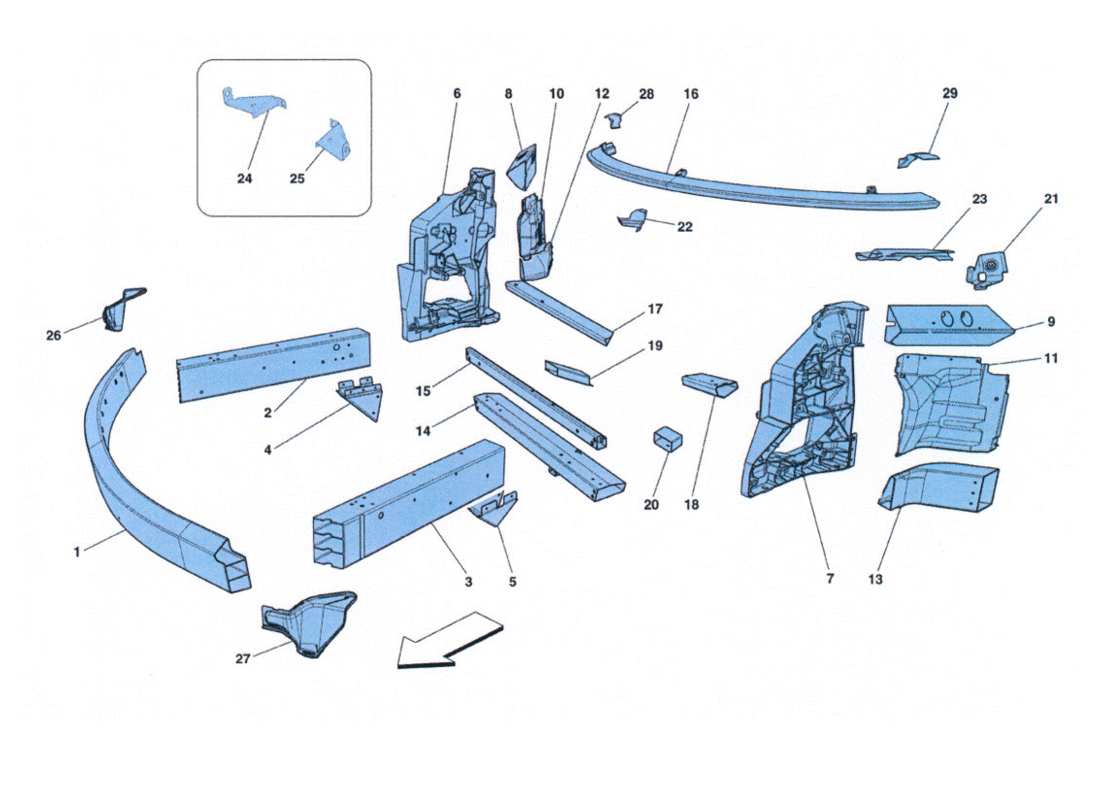ferrari 458 challenge structure des éléments de la partie avant et tôlerie schéma des pièces
