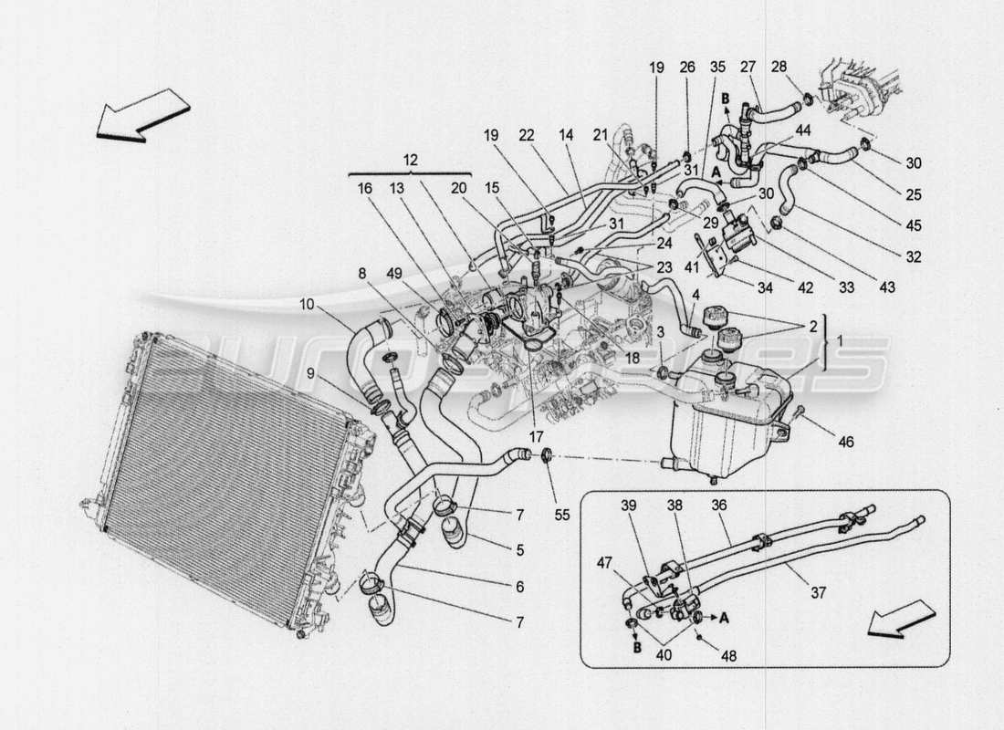 maserati qtp. v8 3.8 530bhp auto 2015 système de refroidissement : diagramme de pièces nourice et lignes