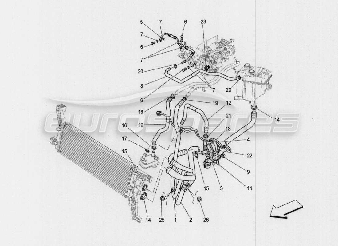 maserati qtp. v8 3.8 530bhp auto 2015 système de refroidissement : diagramme de pièces nourice et lignes