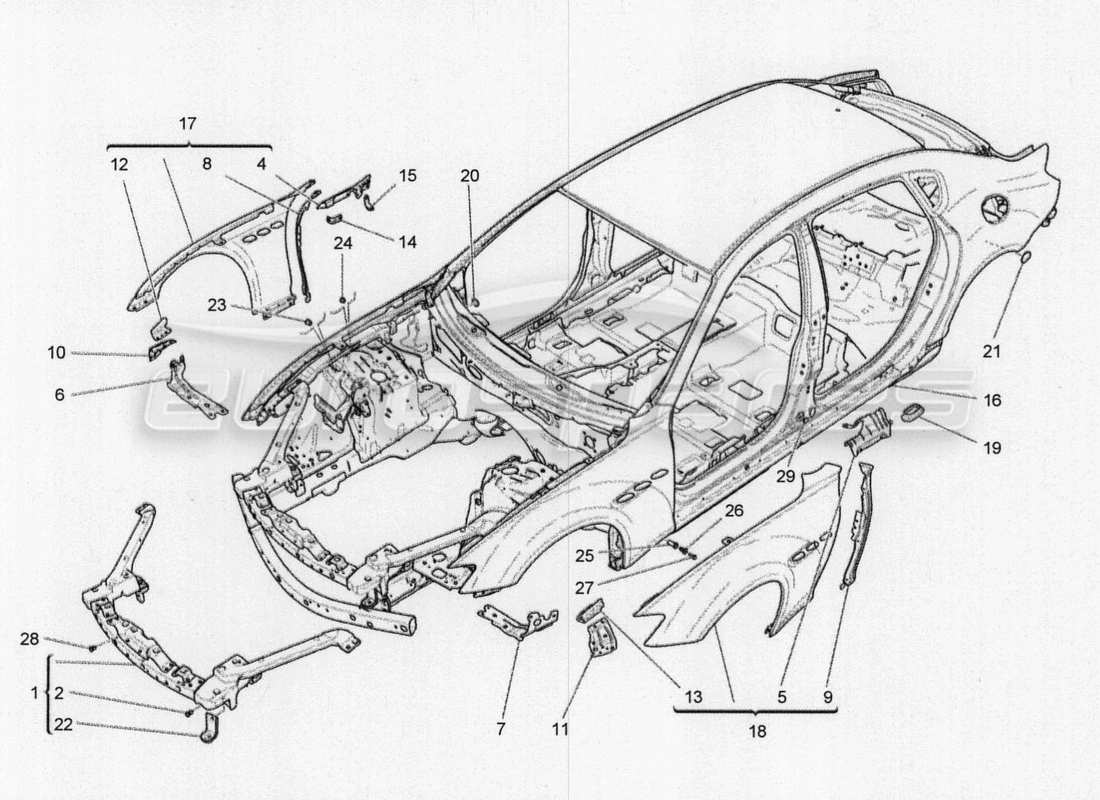 maserati qtp. v8 3.8 530bhp 2014 auto schéma des pièces de la carrosserie et des panneaux de garniture extérieurs avant