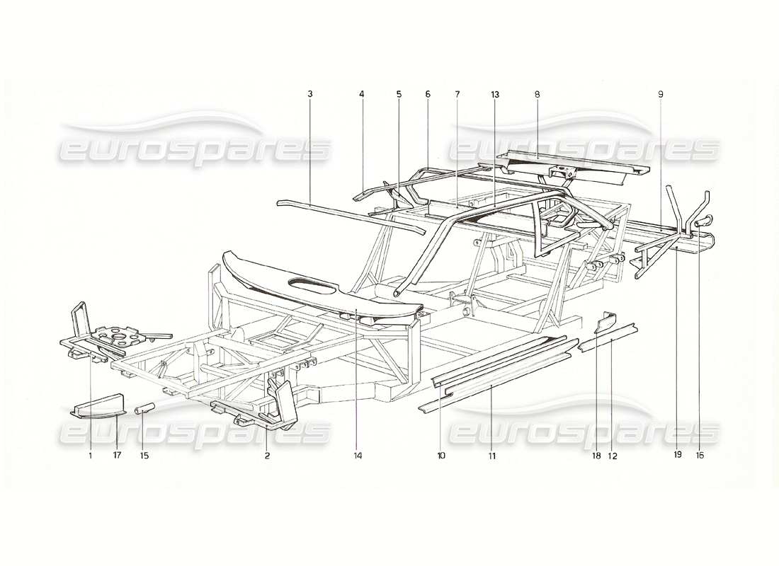 ferrari 308 gt4 dino (1976) coque de carrosserie - diagramme des pièces des éléments intérieurs