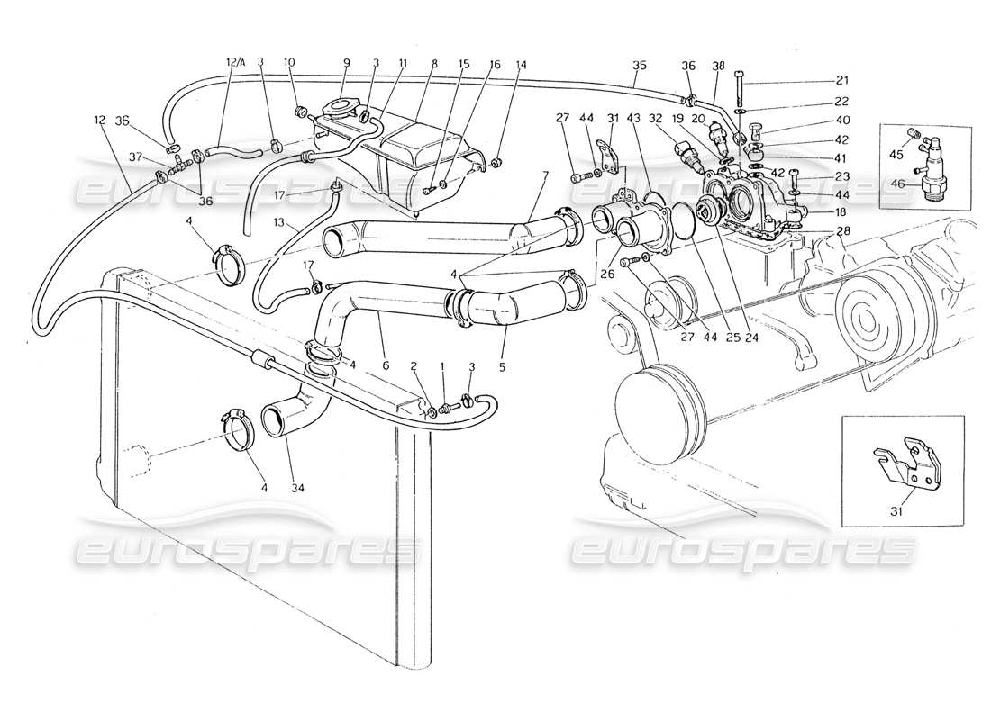 maserati 228 schéma des pièces des tuyaux de refroidissement du moteur et du thermostat
