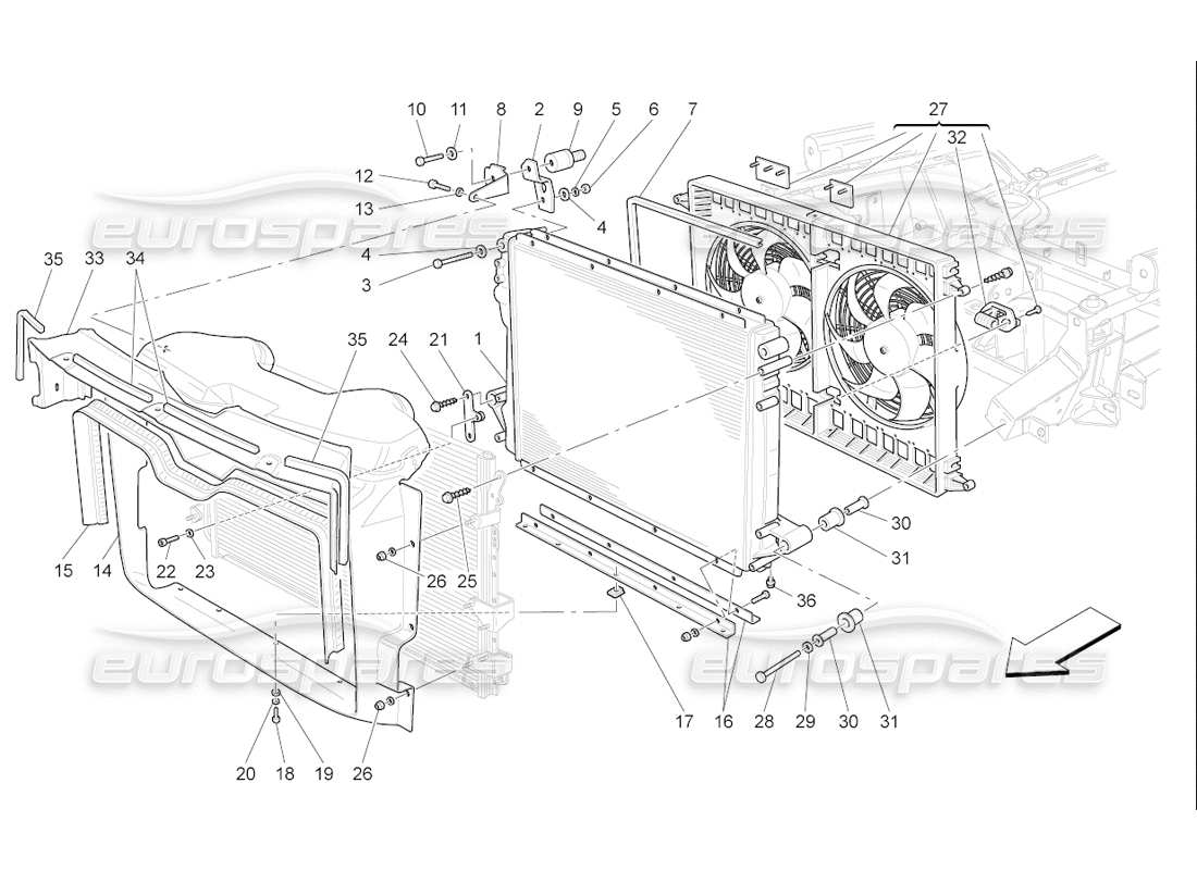 maserati qtp. (2006) 4.2 f1 refroidissement : diagramme de pièces des radiateurs et des conduits d'air