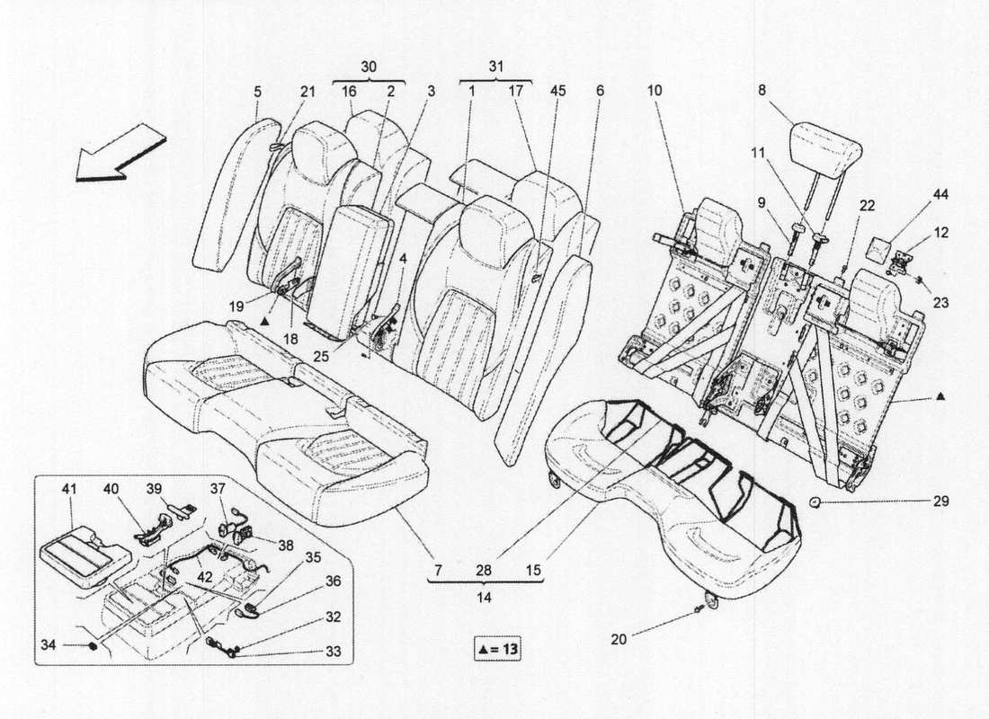 maserati qtp. v6 3.0 bt 410bhp 2wd 2017 sièges arrière : diagramme de pièces des panneaux de garniture