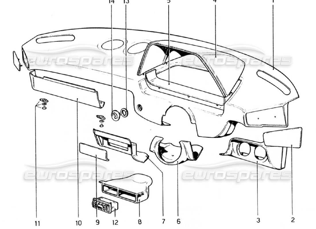 ferrari 308 gtb (1976) tableau de bord (valable pour les versions rhd - aus) schéma des pièces
