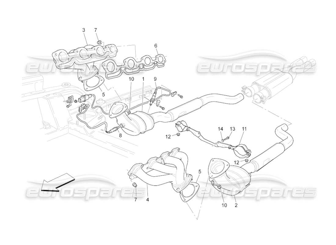 maserati grancabrio (2010) 4.7 diagramme des pièces des convertisseurs pré-catalytiques et des convertisseurs catalytiques