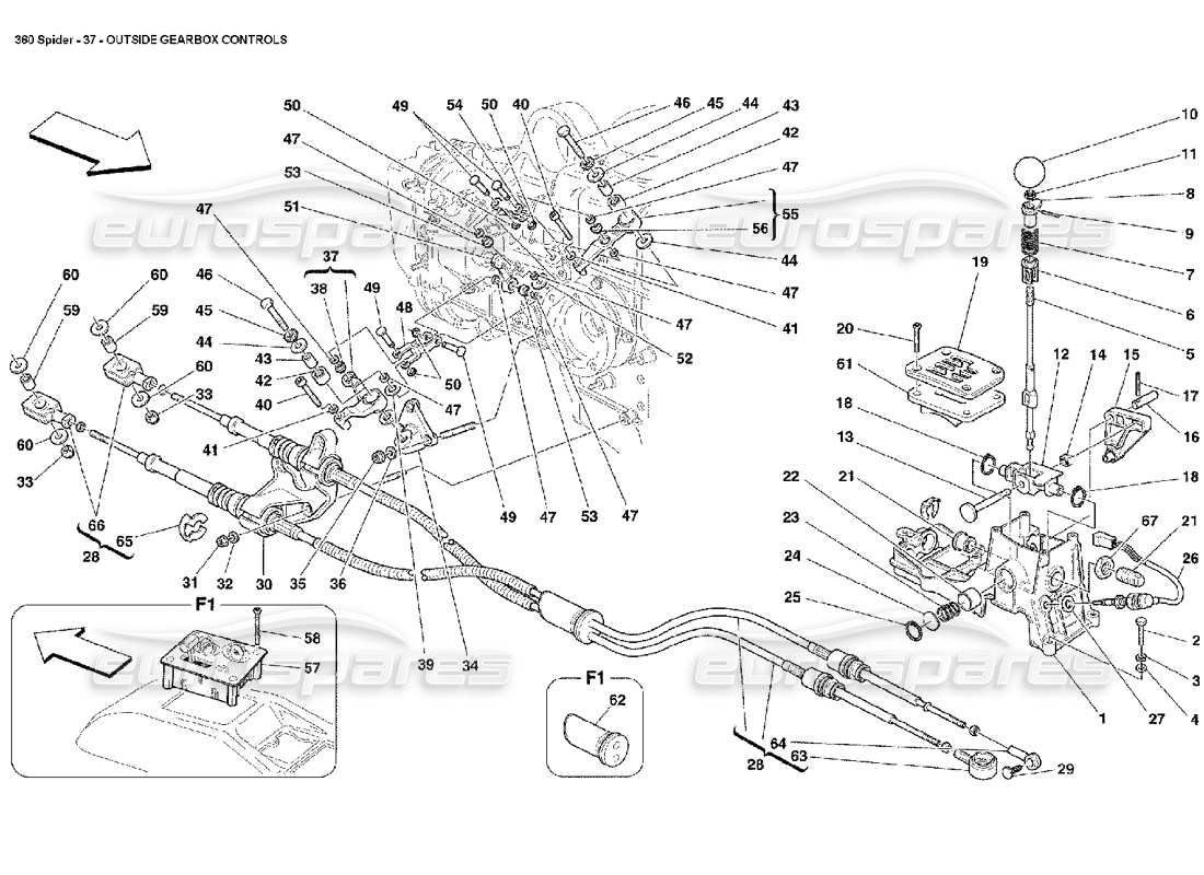 ferrari 360 spider commandes extérieures de la boîte de vitesses schéma des pièces