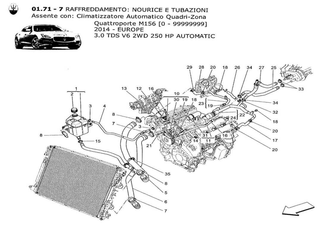 maserati qtp. v6 3.0 tds 250bhp 2014 système de refroidissement : diagramme de pièces nourice et lignes
