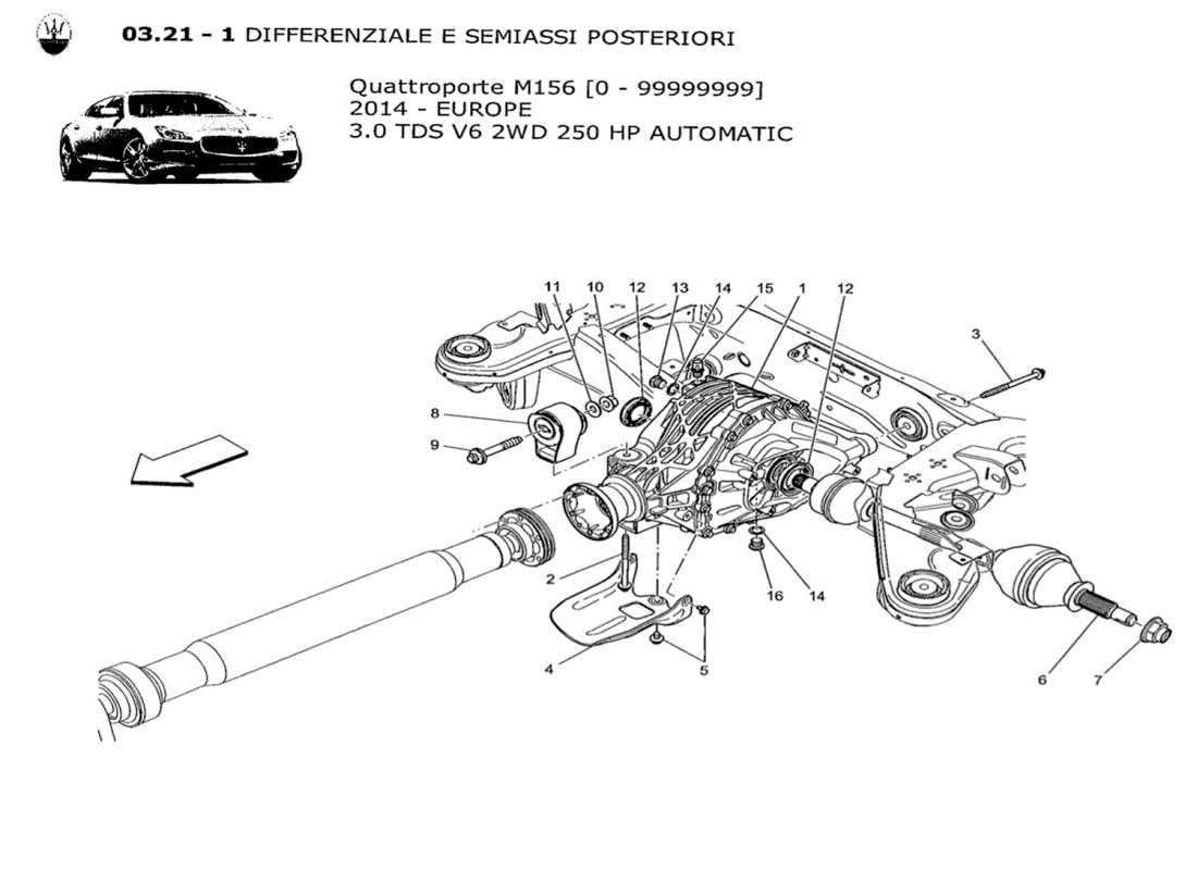 maserati qtp. v6 3.0 tds 250bhp 2014 schéma des pièces du différentiel et des arbres d'essieu arrière