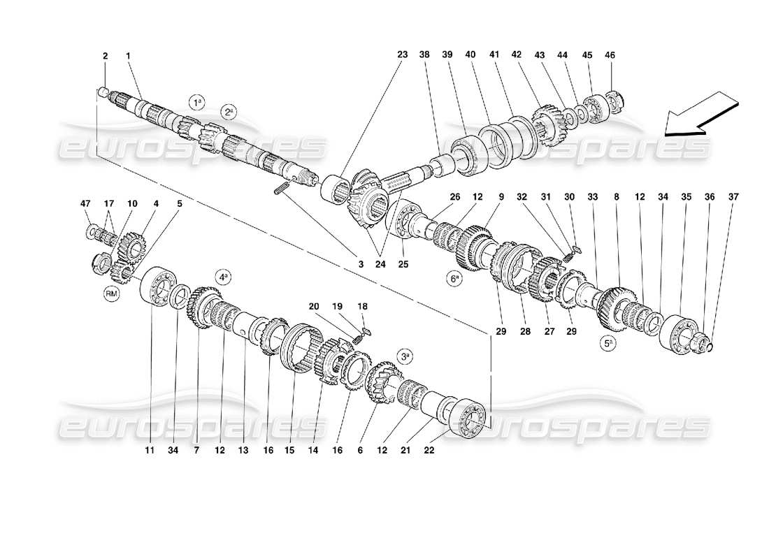 ferrari 355 (2.7 motronic) schéma des pièces des engrenages de l'arbre principal