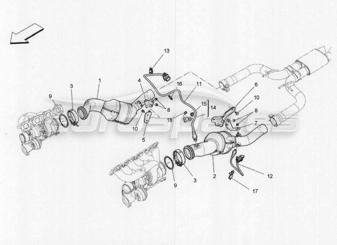 maserati qtp. v8 3.8 530bhp 2014 auto diagramme des pièces des convertisseurs pré-catalytiques et des convertisseurs catalytiques