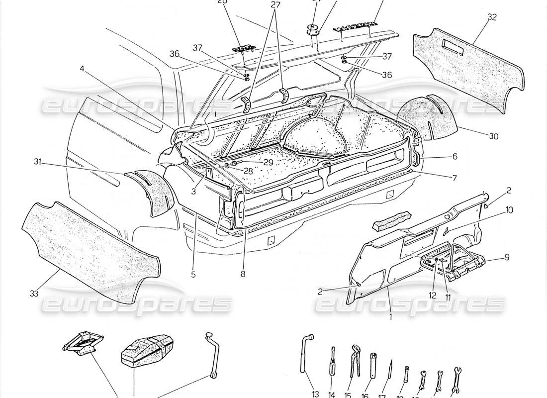 maserati 228 botte : diagramme des pièces des badges, des tapis et des outils