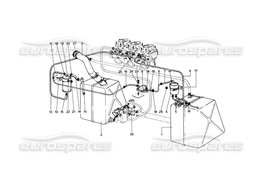 ferrari 246 dino (1975) schéma des pièces du système de carburant (variantes pour les versions américaines)