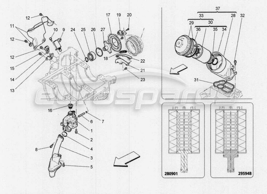 maserati qtp. v8 3.8 530bhp 2014 auto système de lubrification : diagramme des pièces de la pompe et du filtre