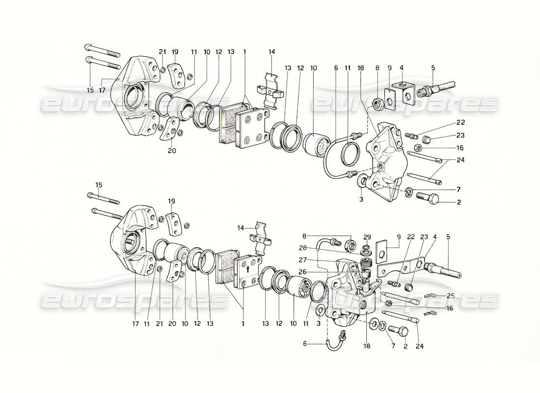ferrari 308 gt4 dino (1976) schéma des pièces des étriers pour freins avant et arrière