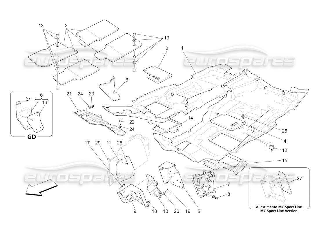 maserati qtp. (2011) 4.2 auto tapis pour habitacle passagers schéma des pièces
