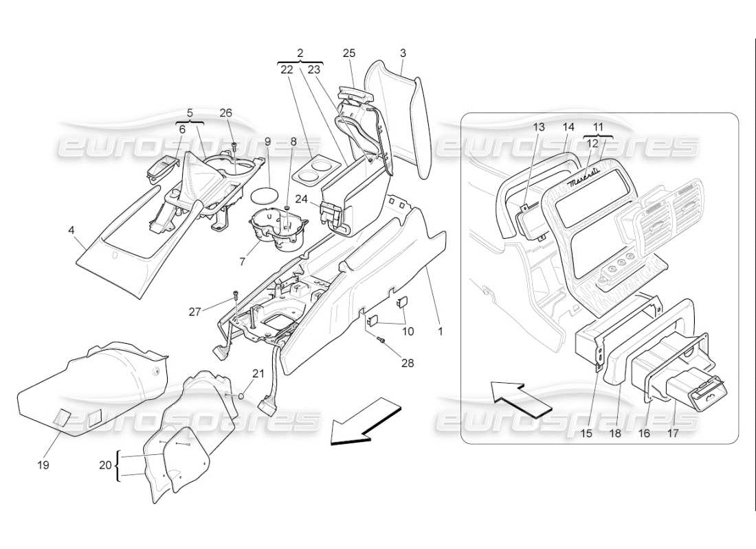 maserati qtp. (2008) 4.2 auto schéma des pièces de la console d'accessoires et de la console centrale