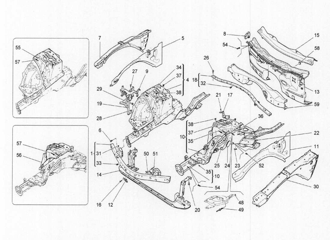 maserati qtp. v6 3.0 bt 410bhp 2015 schéma des pièces des cadres structurels avant et des panneaux en tôle