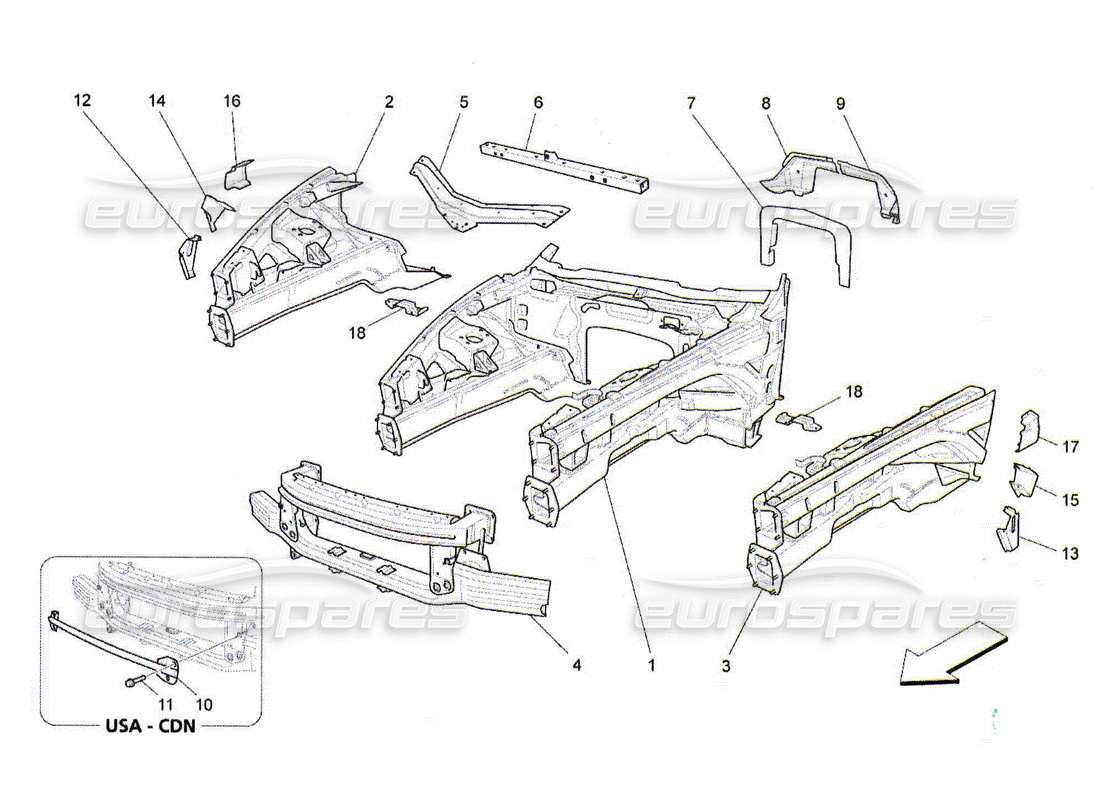 maserati qtp. (2010) 4.2 schéma des pièces des cadres structurels avant et des panneaux en tôle