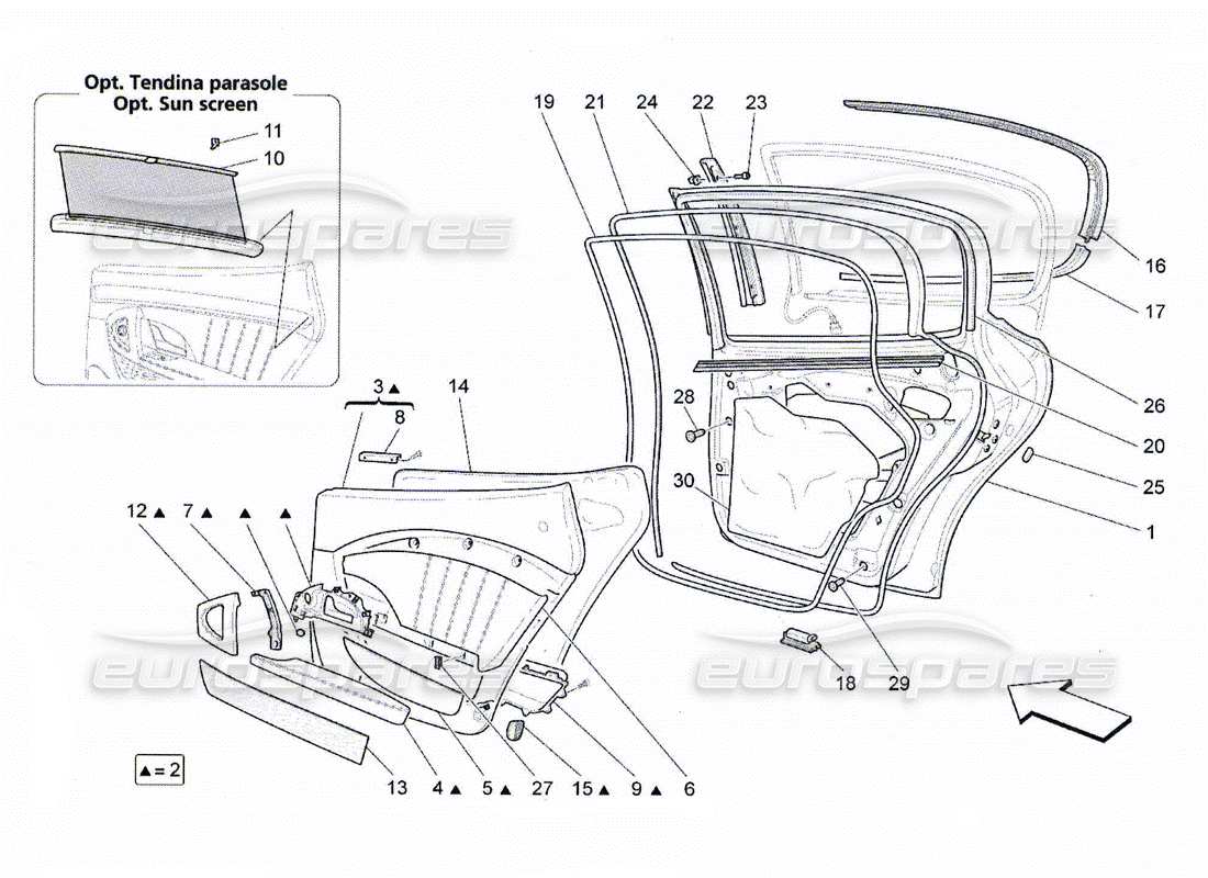 maserati qtp. (2010) 4.2 portes arrière : diagramme de pièces des panneaux de garniture