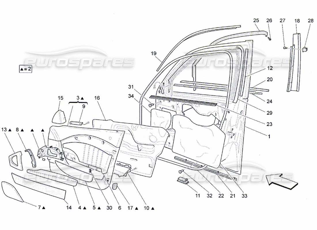 maserati qtp. (2010) 4.7 portes avant : diagramme de pièces des panneaux de garniture