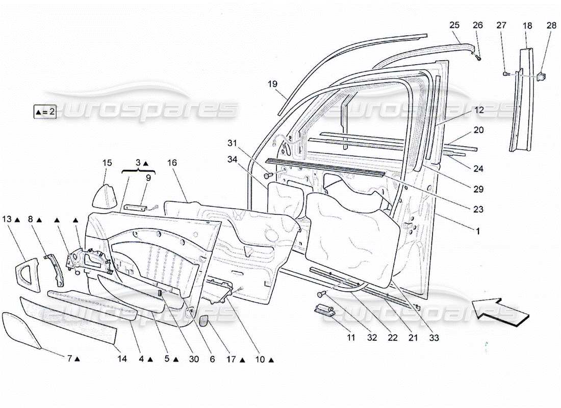 maserati qtp. (2010) 4.2 portes avant : diagramme de pièces des panneaux de garniture