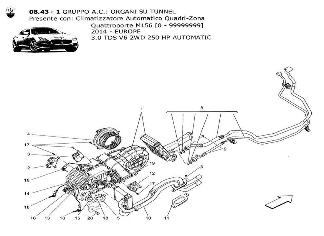 maserati qtp. v6 3.0 tds 250bhp 2014 unité ac : appareils de tunnel schéma des pièces