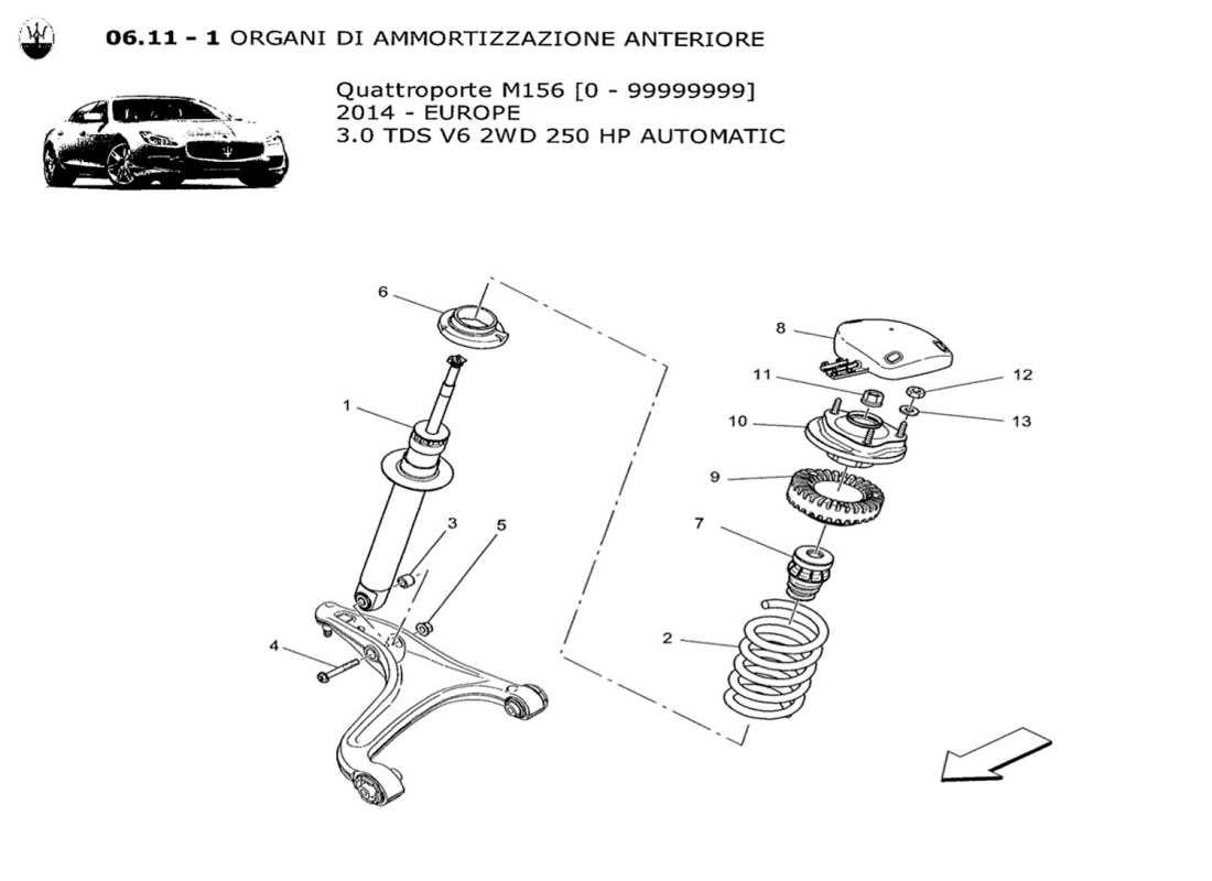 maserati qtp. v6 3.0 tds 250bhp 2014 schéma des pièces des dispositifs d'amortisseur avant
