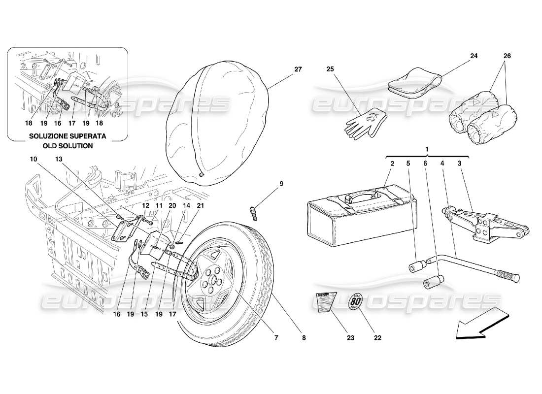 ferrari 355 (5.2 motronic) roue de secours et équipement - en option schéma des pièces